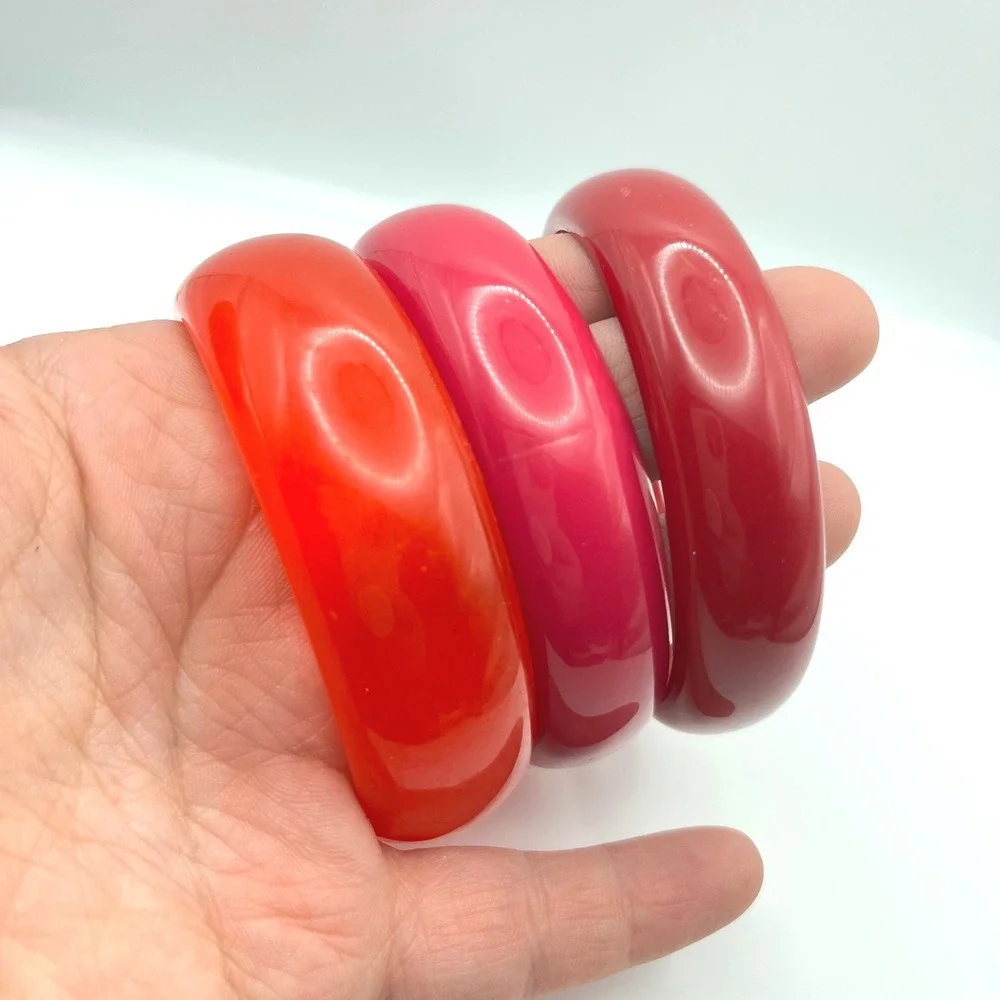 Set of 3 Red Chunky Dome Bangle Bracelets Resin Acrylic Stackable Retro Style